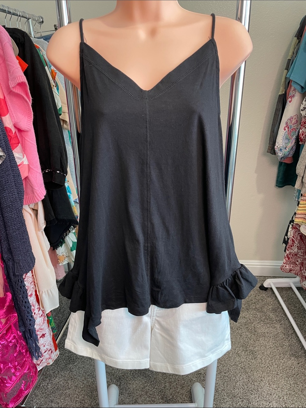 Women's Black Ruffle-Hem Spaghetti Strap Tank Top
